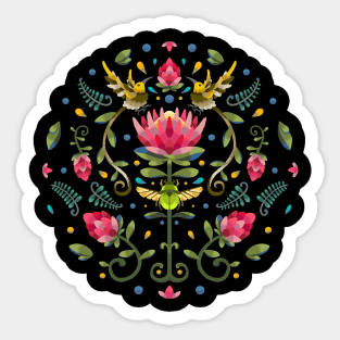 Dark Protea Circular Design with Cape Sugarbird and Green Beetle Sticker